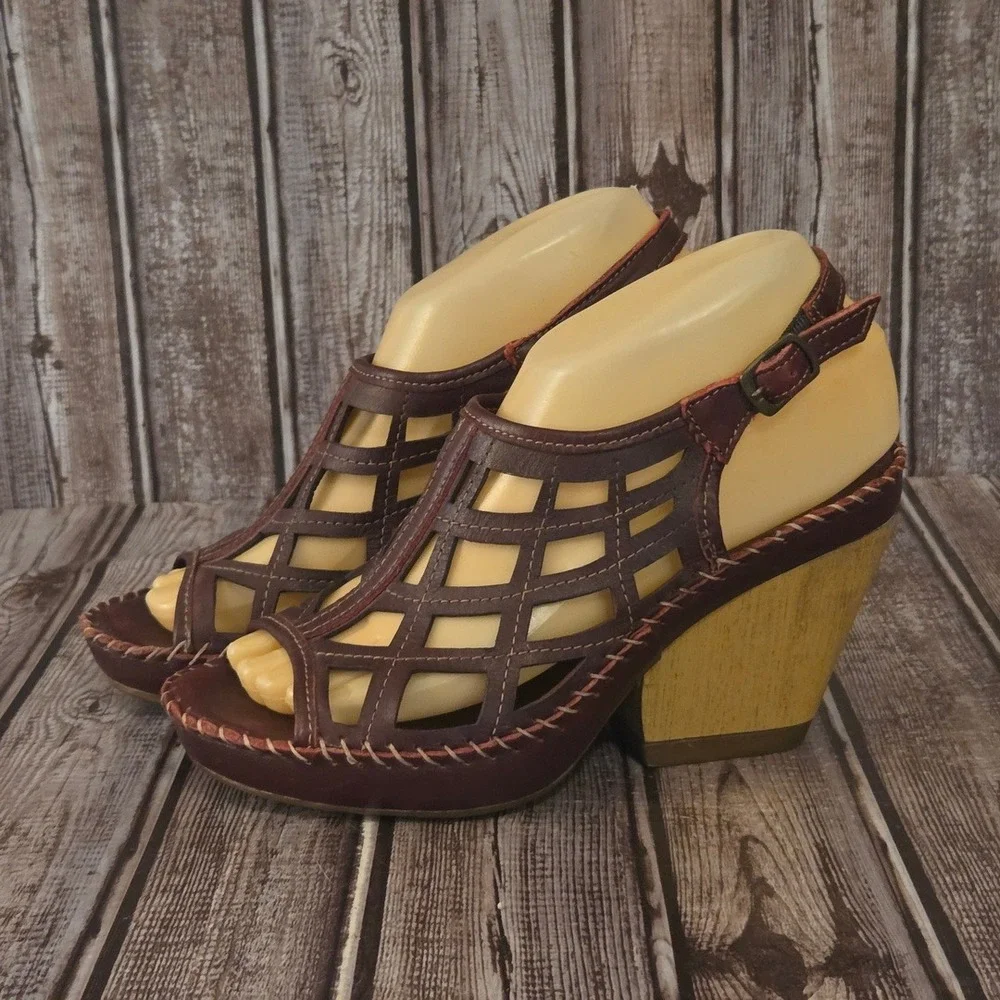 Sz 7 US/ 24 MEX Women Lobo Solo Brown Leather Cage Wedge Platform Sandals VGUC!